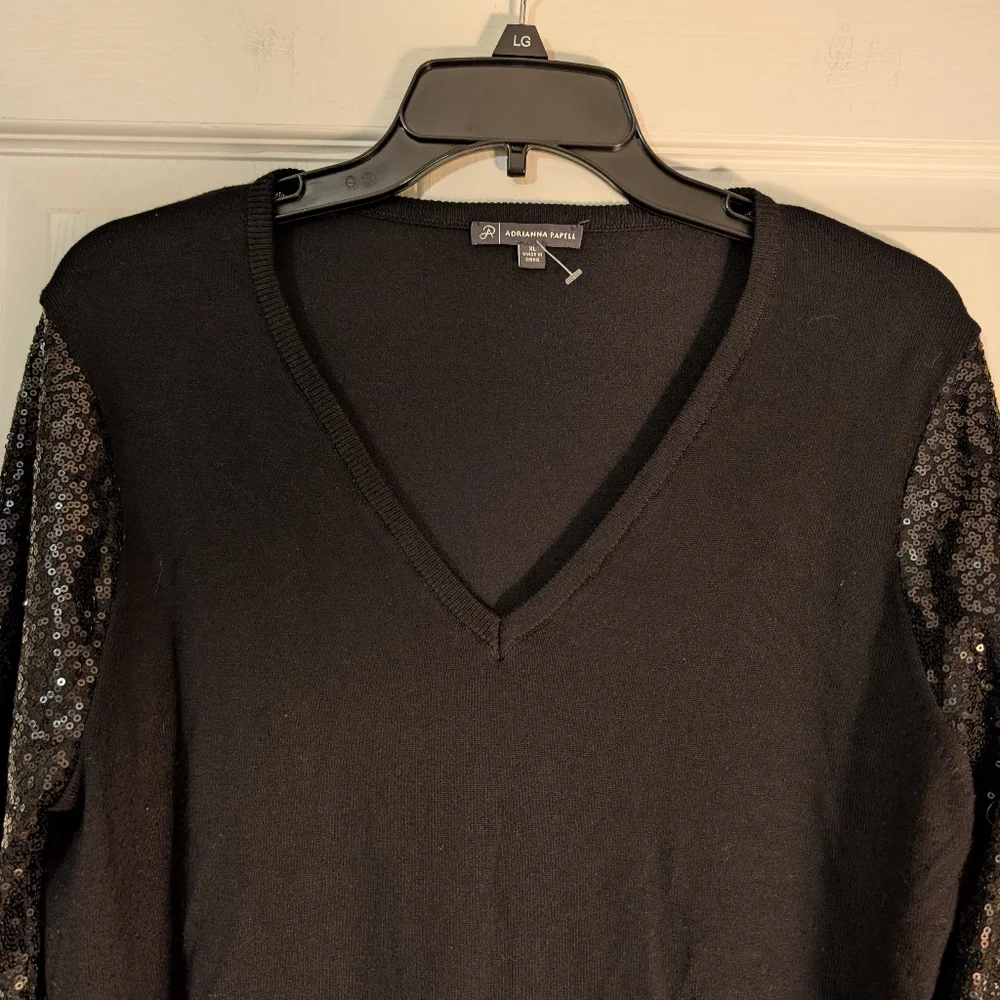 Adrianna Papell Black V-neck Sweater with Sequin Sleeves Size XL - Picture 2 of 6